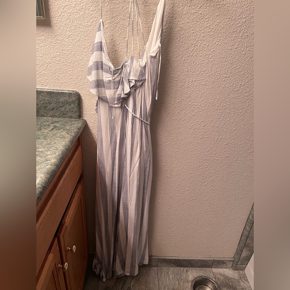 LUXXEL navy blue and white high low wrap dress with back detail